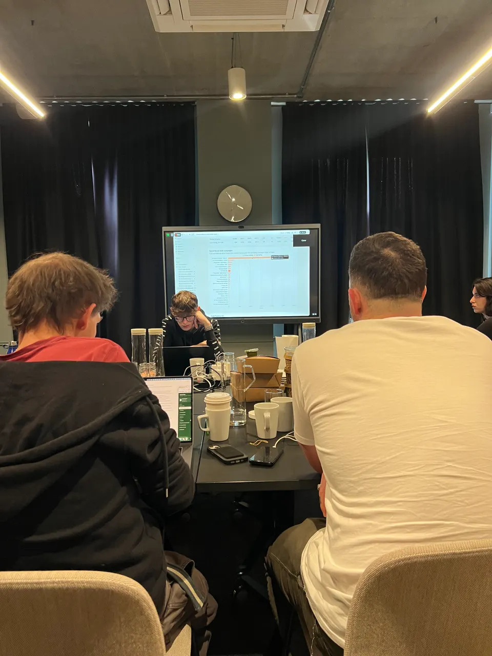 Workshop participants reviewing a dashboard on the meeting room screen
